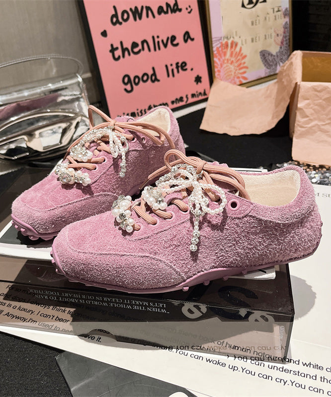 Chic Splicing Flats Purple Suede Lace Up Pearl Zircon