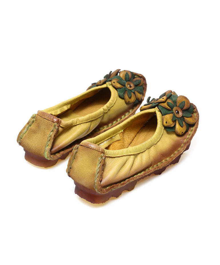 Floral Splicing Flat Shoes Yellow Cowhide Leather