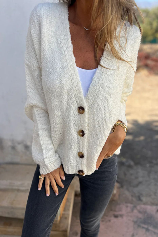 Solid Color V-neck Long-sleeved Knitted Cardigan