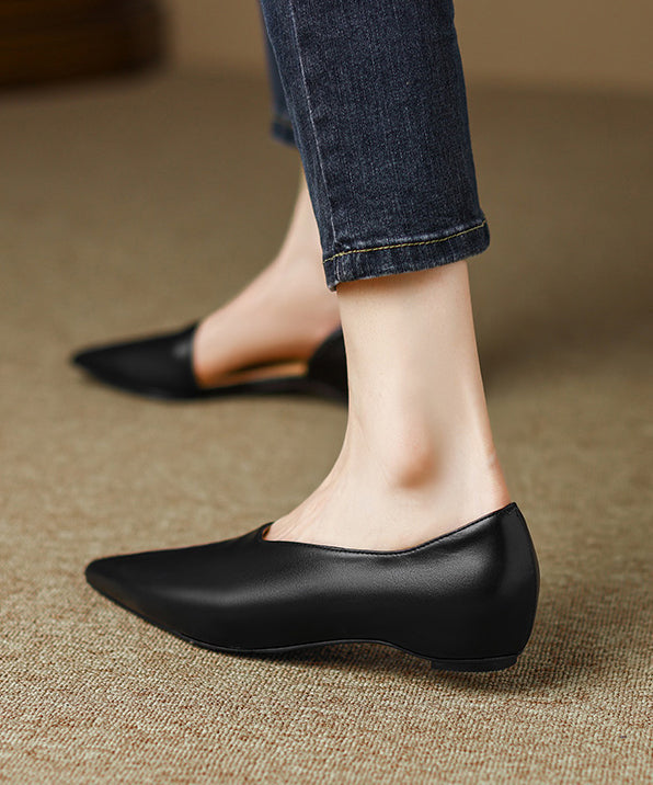 Black Cowhide Leather Splicing Flat Shoes For Women