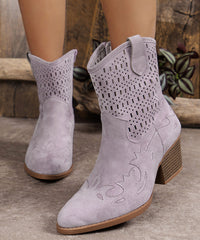 Vintage Green Hollow Out Zippered Suede Chunky Boots