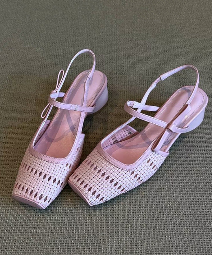 French Pink Woven Breathable Bow Chunky Heel Sandals