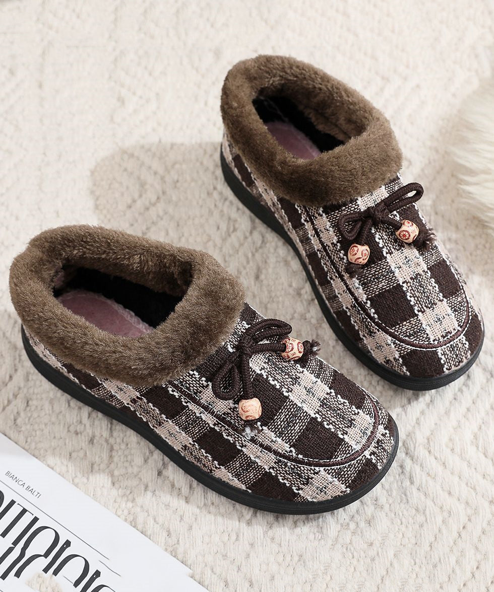 New Black Plaid Splicing Flats Fuzzy Wool Lined