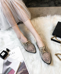 Apricot Splicing Flats Black Tulle Lace Up Pointed Toe