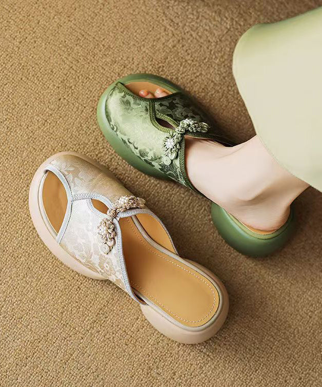 Green Embroidered Chunky Heel Slide Sandals