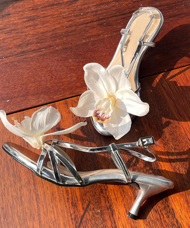 Silver Flower Open Toed Buckle High Heeled Sandals
