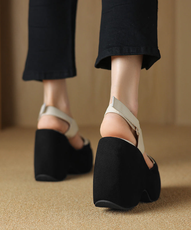 Splicing Platform Sandals White Cowhide Leather Hollow Out