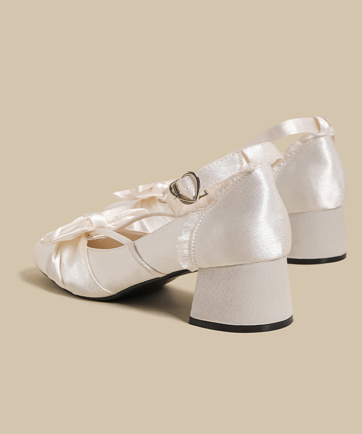 French White Bow Buckle Strap Splicing Satin Chunky Heel Shoes