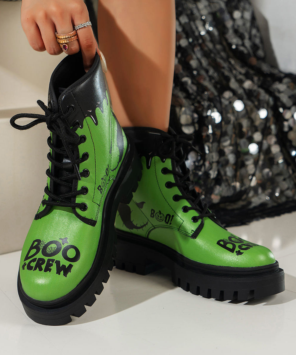 Green Lace Up Ankle Boots Chunky Faux Leather Splicing
