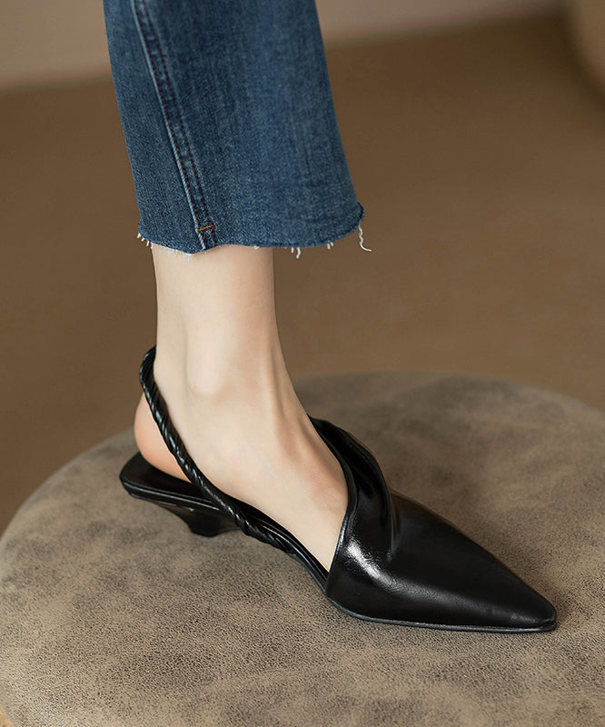 Black Kitten Cowhide Leather Handmade Splicing Sandals Pointed Toe