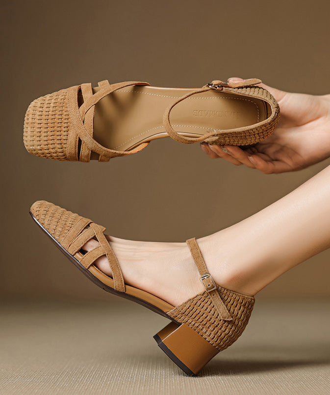 Women Buckle Strap Splicing Chunky Sandals Caramel Suede