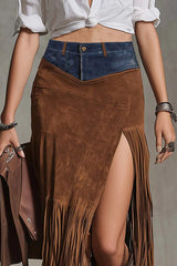 Denim Suede Patchwork Spliced slit Fringed Hem Extra-long Midi Skirt