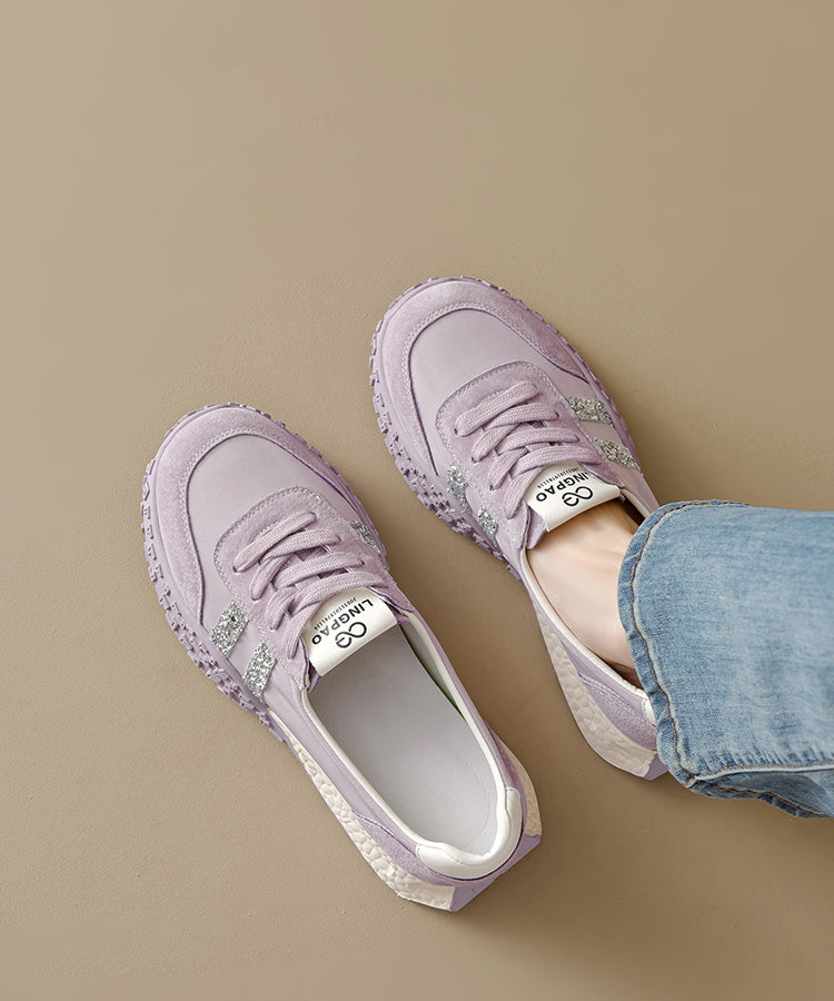 Purple Suede Lace Up Splicing Flat Shoes Women