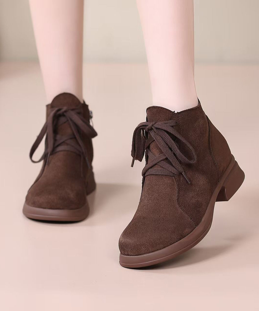 Brown Lace Up Chunky Suede Casual Splicing Boots