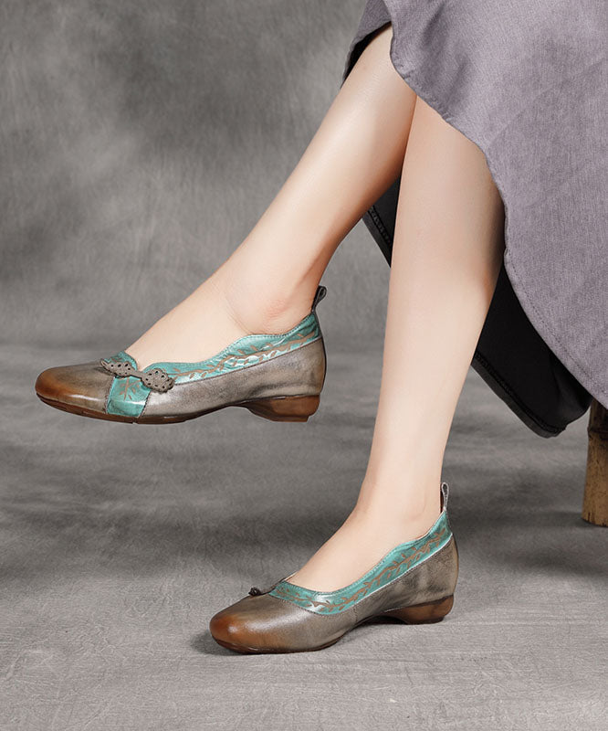 Grey Print Cowhide Leather Flat Shoes For Splicing Flats