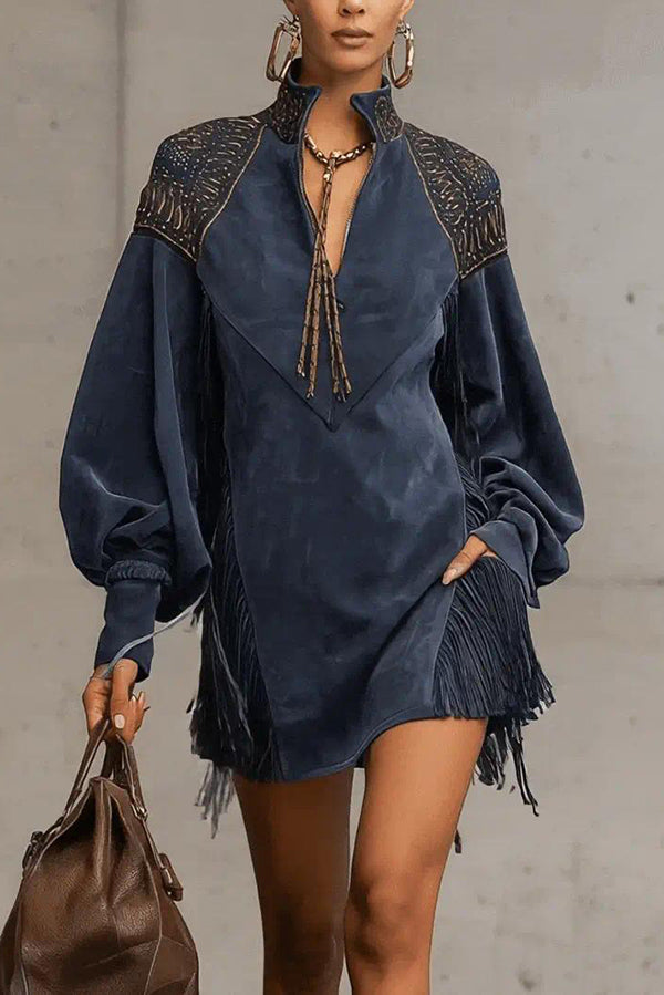 Suede V-neck Long-sleeved Tassel Loose Mini Dress