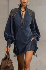 Suede V-neck Long-sleeved Tassel Loose Mini Dress