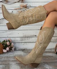 Beige Embossed Zippered Solid Suede Pointed Toe Boots