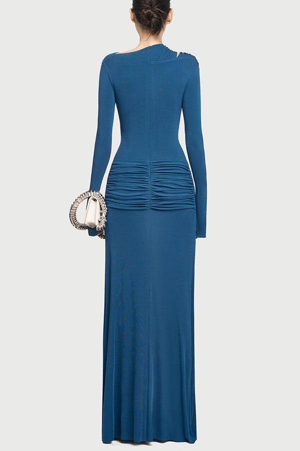 Long-sleeved Slim-fit Pleated Elegant Maxi Dress