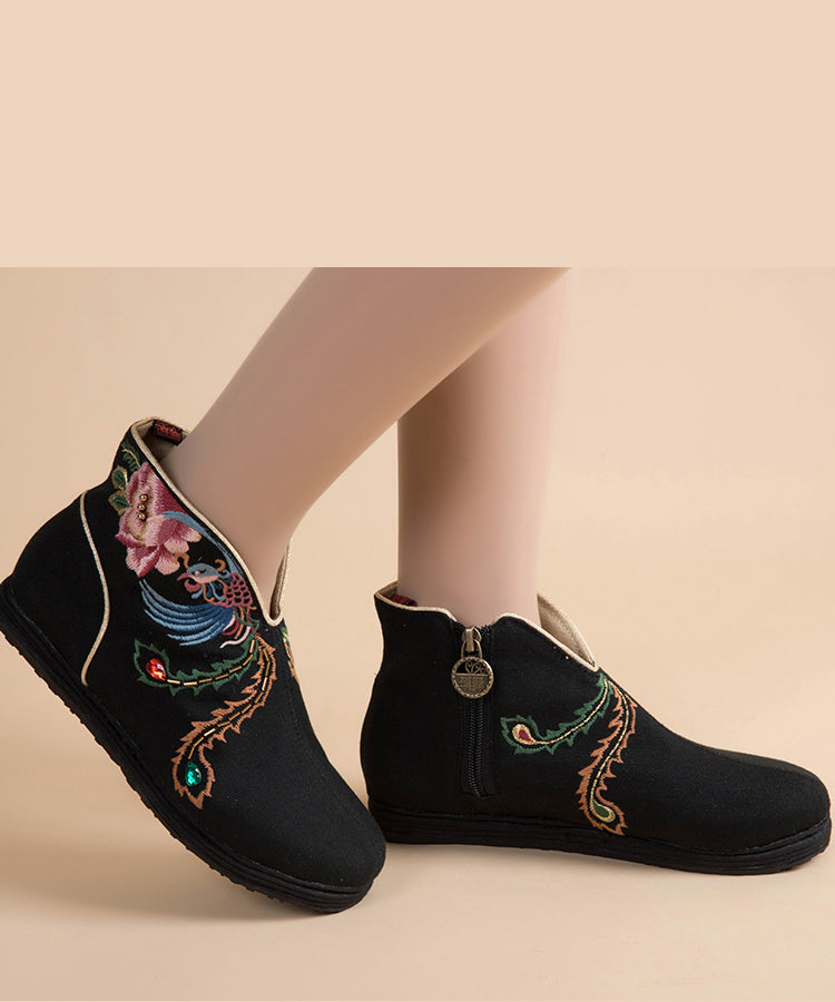 Black Embroideried Boots Cotton Fabric Zippered Ankle Boots