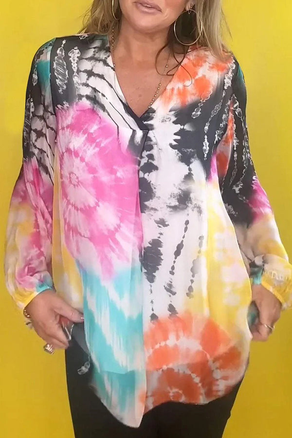 Gradient Tie-dye V-neck Long-sleeved Casual Shirt