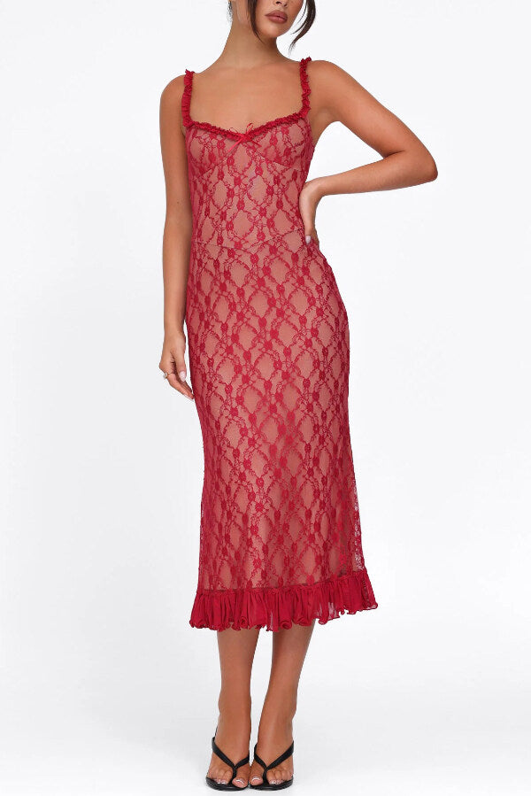 Plaid Camisole Lace Slim-fit Elegant Midi Dress