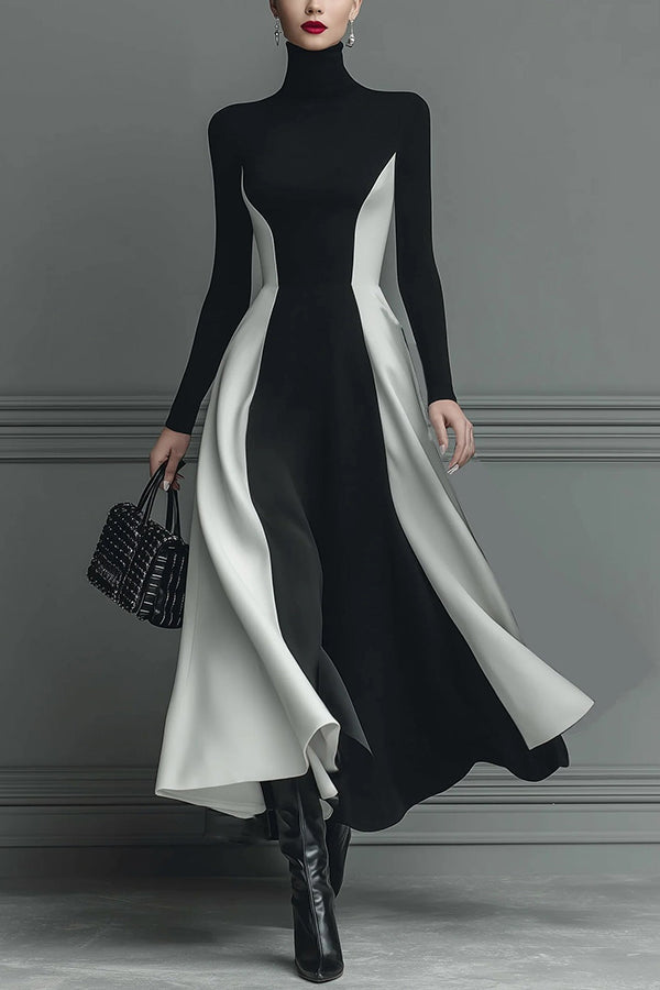 Color-blocked Turtleneck Long-sleeved Slim-fit Midi Dress
