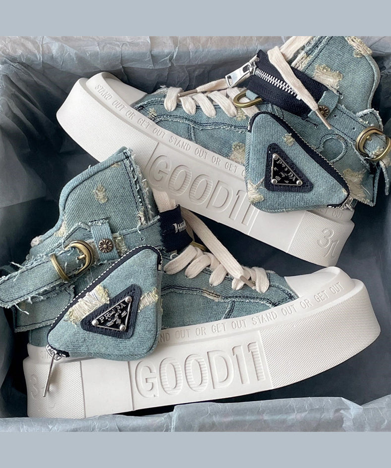 Blue Canvas Splicing Lace Up Platform Boots