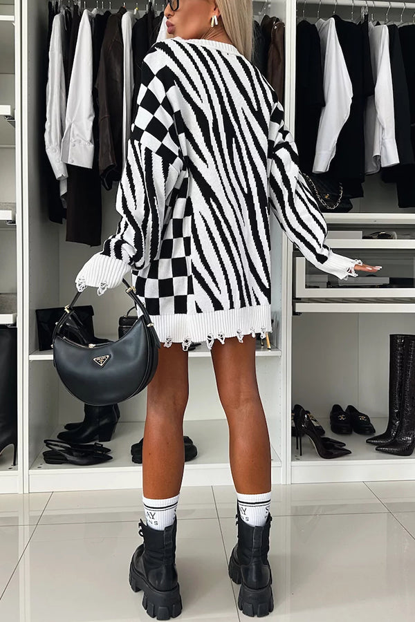 Knit Zebra Geometric Pattern Frayed Hem Loose Sweater