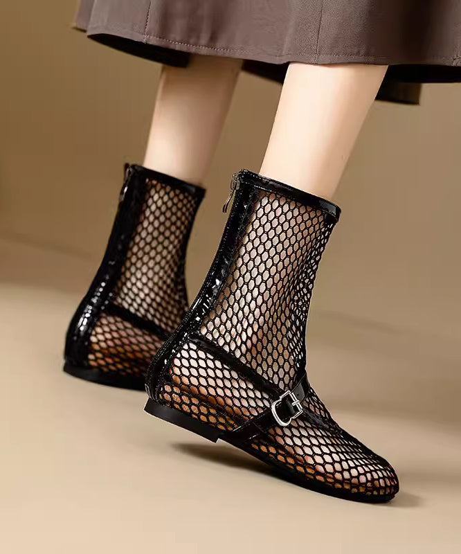 Stylish Zippered Splicing Boots Black Hollow Out Breathable Mesh