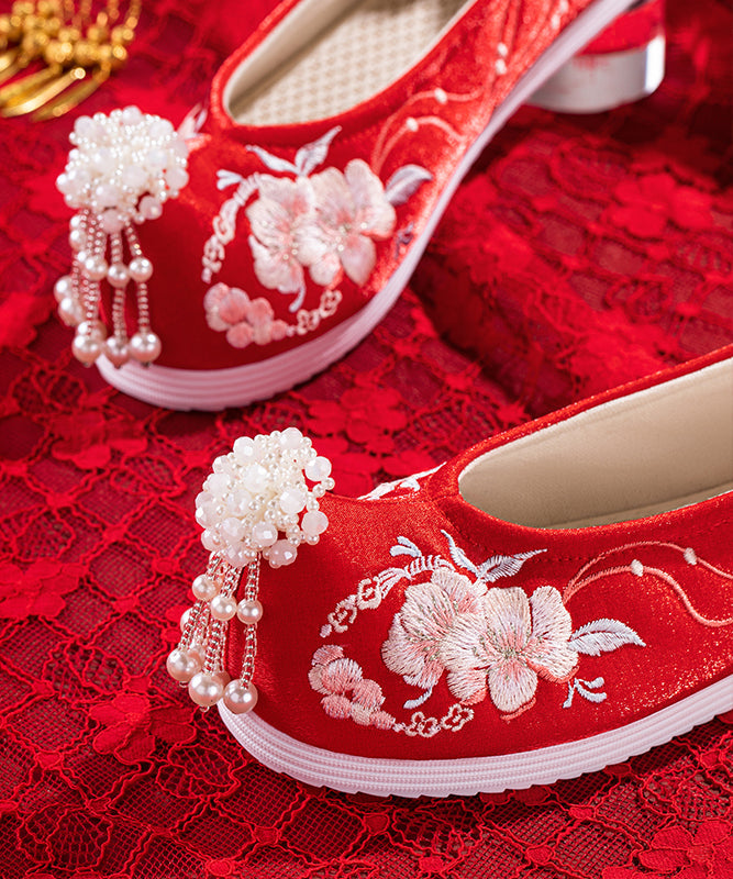 Wedding Flat Shoes For Red Embroideried Cotton Fabric