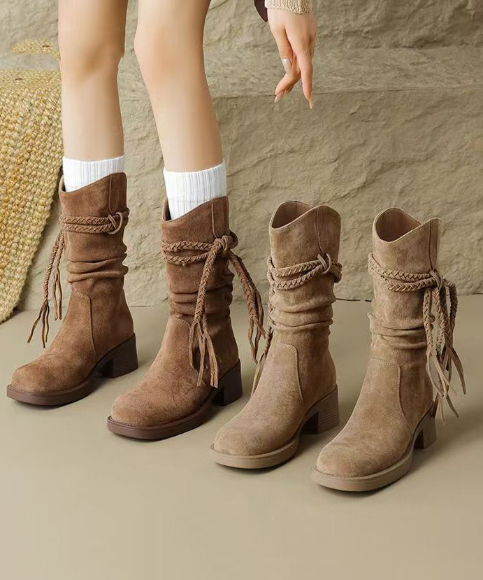 Brown Chunky Suede Tassel Splicing Cowboy Boots