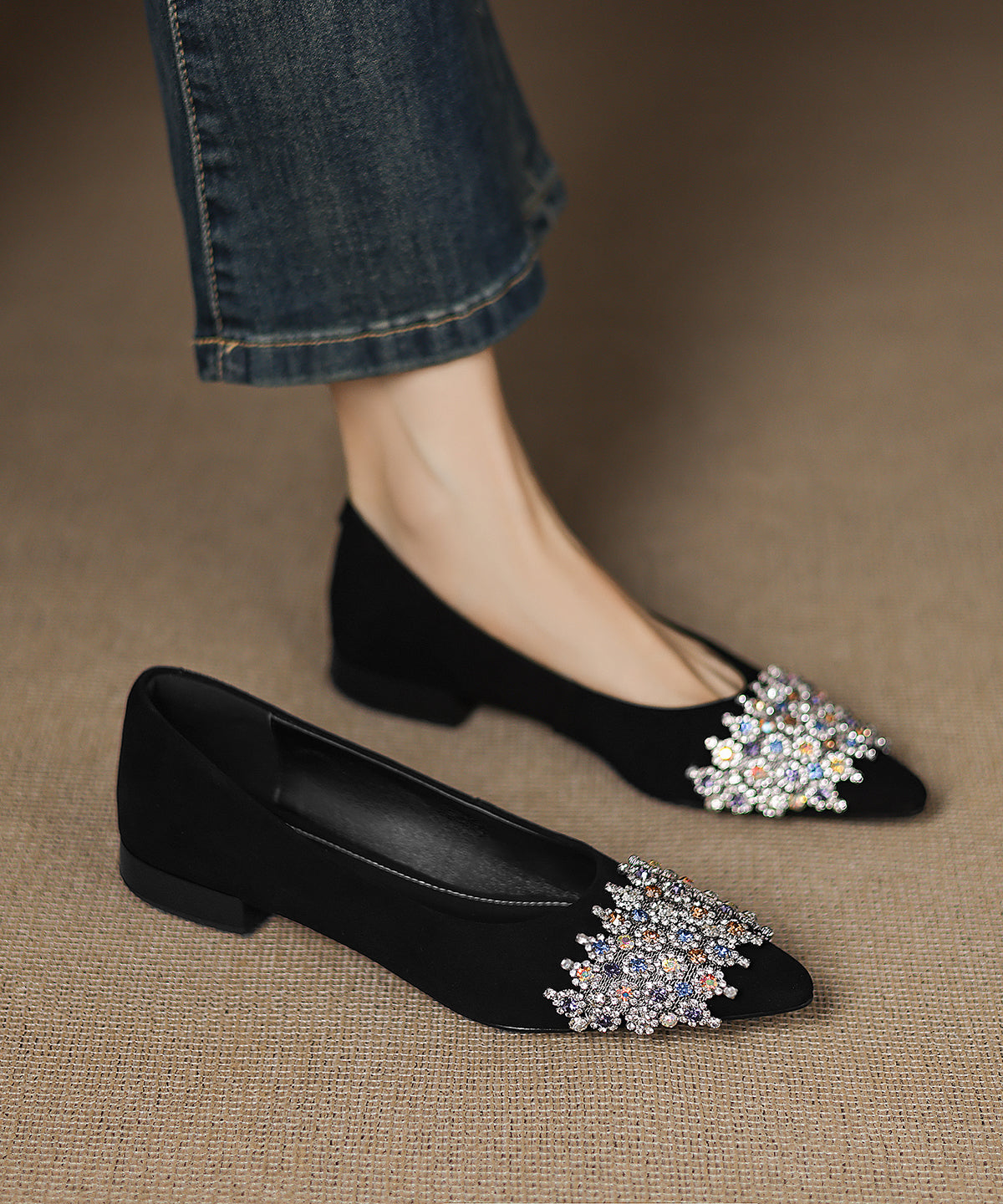 Black Suede Unique Splicing Flats Pointed Toe Zircon