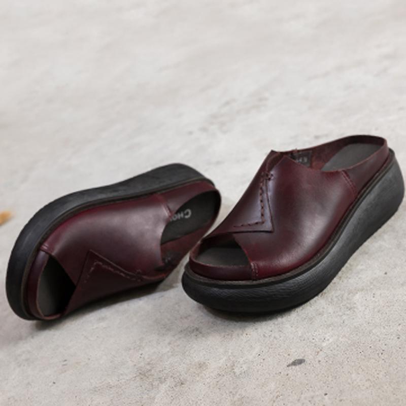 Sewing Platform Casual Leather Slippers