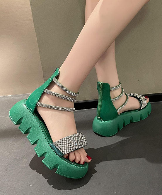 Splicing Zircon Platform Sandals Green Faux Leather
