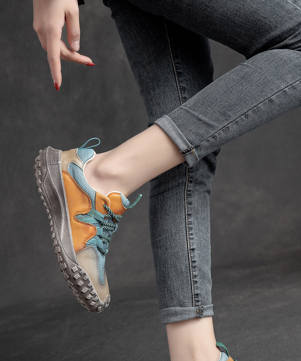 Blue Flat Shoes Platform Cowhide Leather Casual Splicing Lace Up