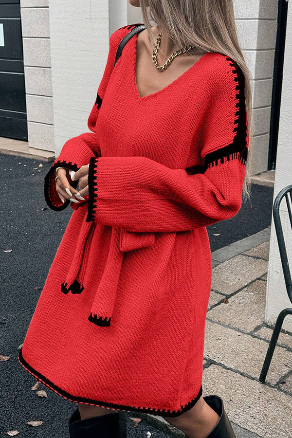 Loose-fitting Long-sleeved Tie-waist Knit Mini Dress
