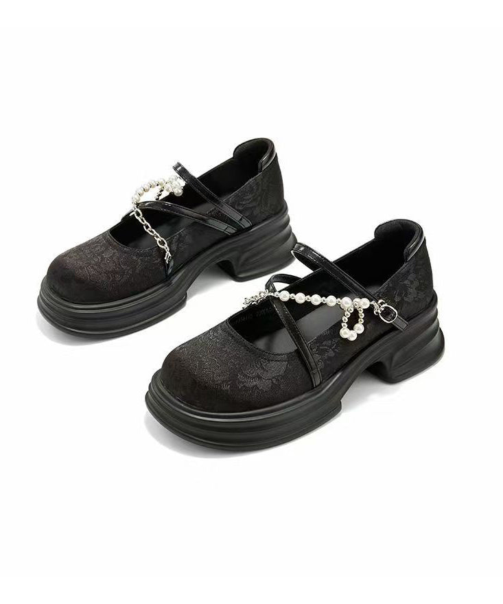 French Beige Platform Loafer Shoes Cross Strap Bead