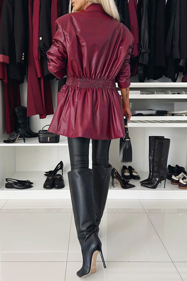 Items Faux Leather Button Up Elastic Waistband Lapel Blazer