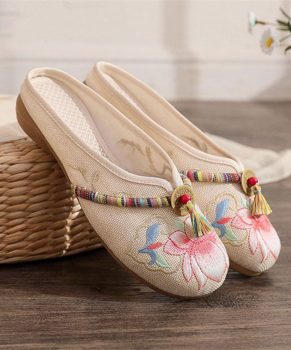 Beige Linen Tassel Embroidery Splicing Flat Slide Sandals