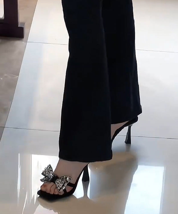 Splicing High Heel Slide Sandals Black Bow Zircon