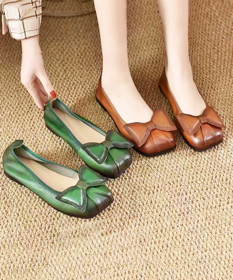 Green Bow Cowhide Leather Comfortable Flats Shoes