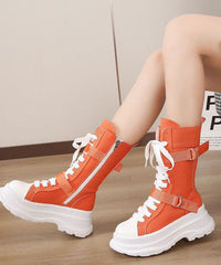 Splicing Lace Up Orange Canvas Motorcycle Platform Boots