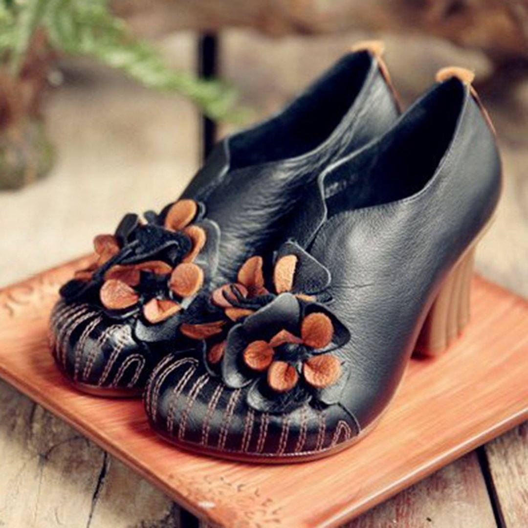 Cozy Flowers Leather Handmade Chunky Heels Comfy Shoes