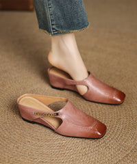 Classy Pink Splicing Cowhide Leather Wedge Slide Sandals