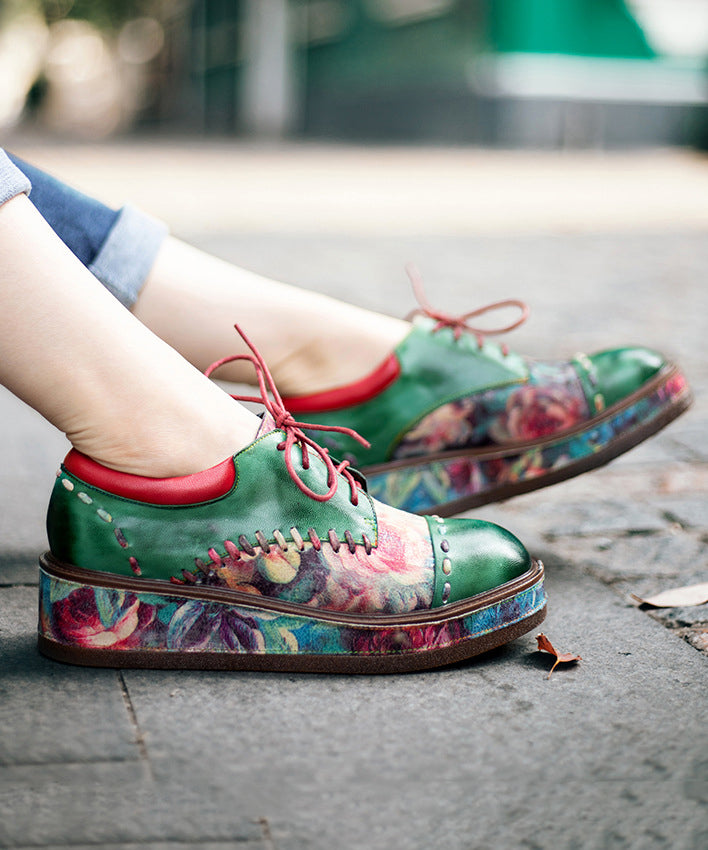 Green Sheepskin Boho Lace Up Embossed Platform Shoes