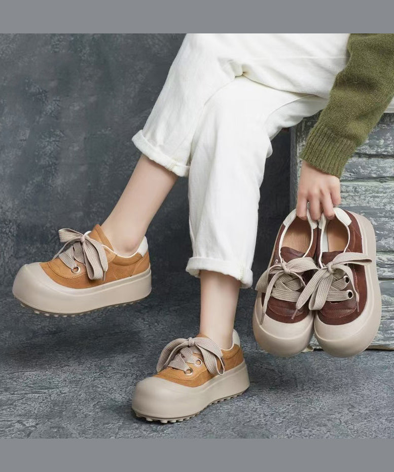 Casual Splicing Platform Flat Shoes Brown Cowhide Leather Lace Up