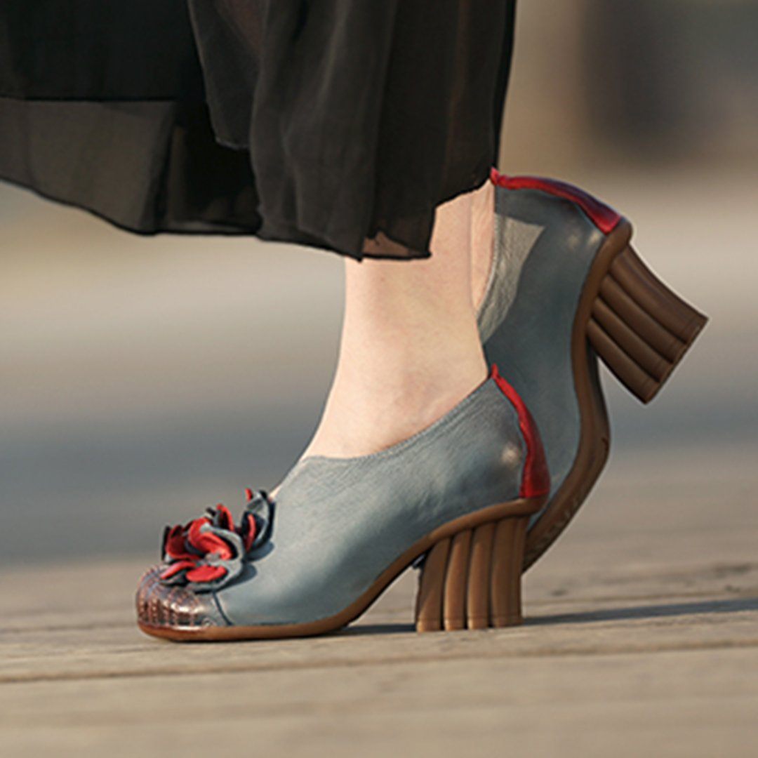 Cozy Flowers Leather Handmade Chunky Heels Comfy Shoes