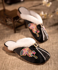 Retro Embroidery Chunky Slippers Shoes White Satin Fuzzy Wool Lined