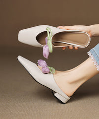 French Pink Cowhide Leather Splicing Floral Slide Sandals